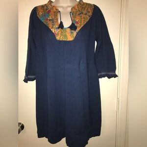 Free People Navy Wool Midi Dress with Mustard Floral Yoke